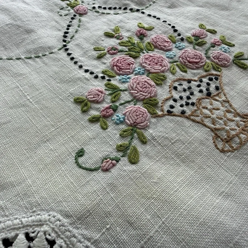 Vtg Embroidered Crochet Dresser Scarf Table Runner Flower Basket 39